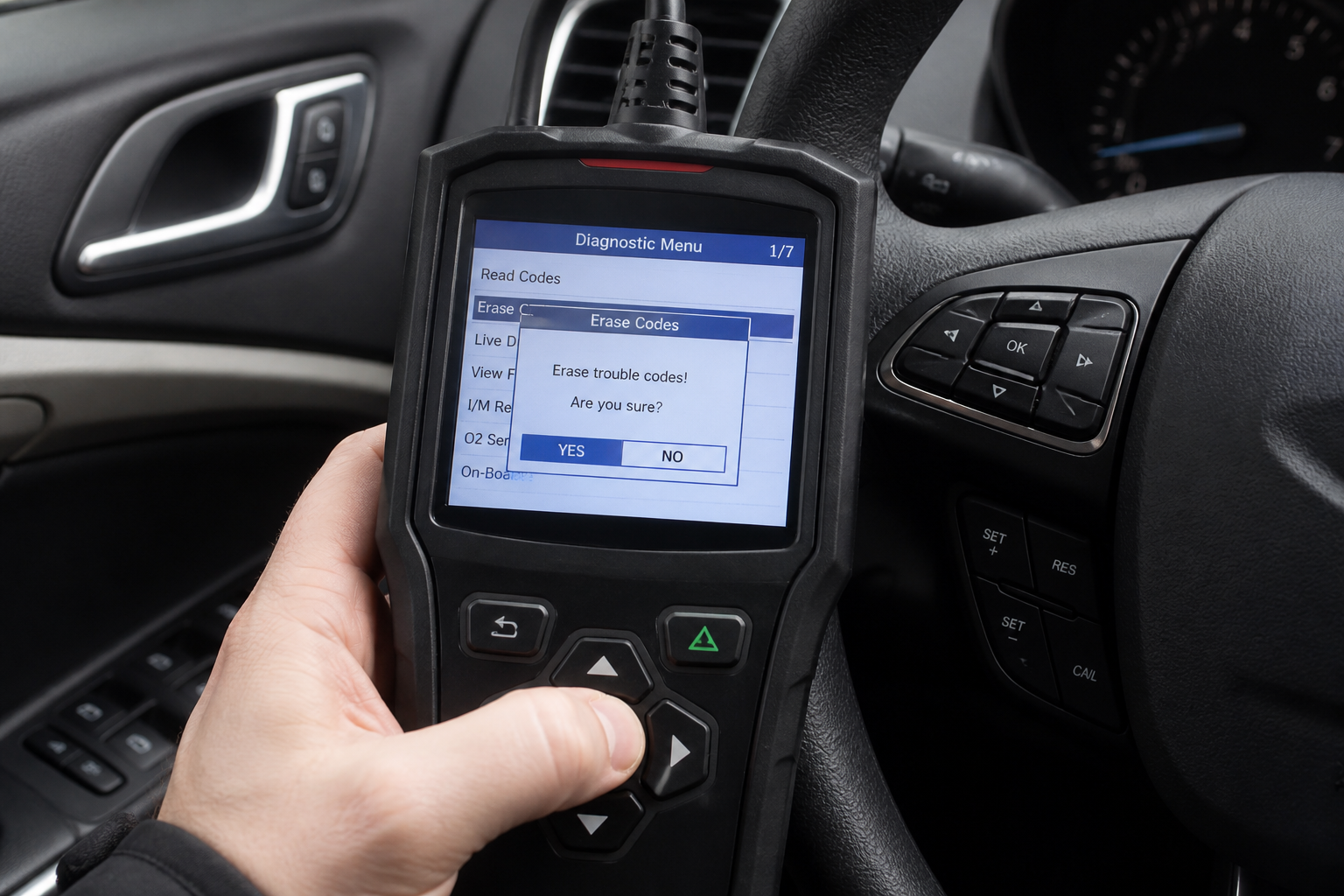 Scan tool near a steering wheel used while reviewing whether codes should be cleared